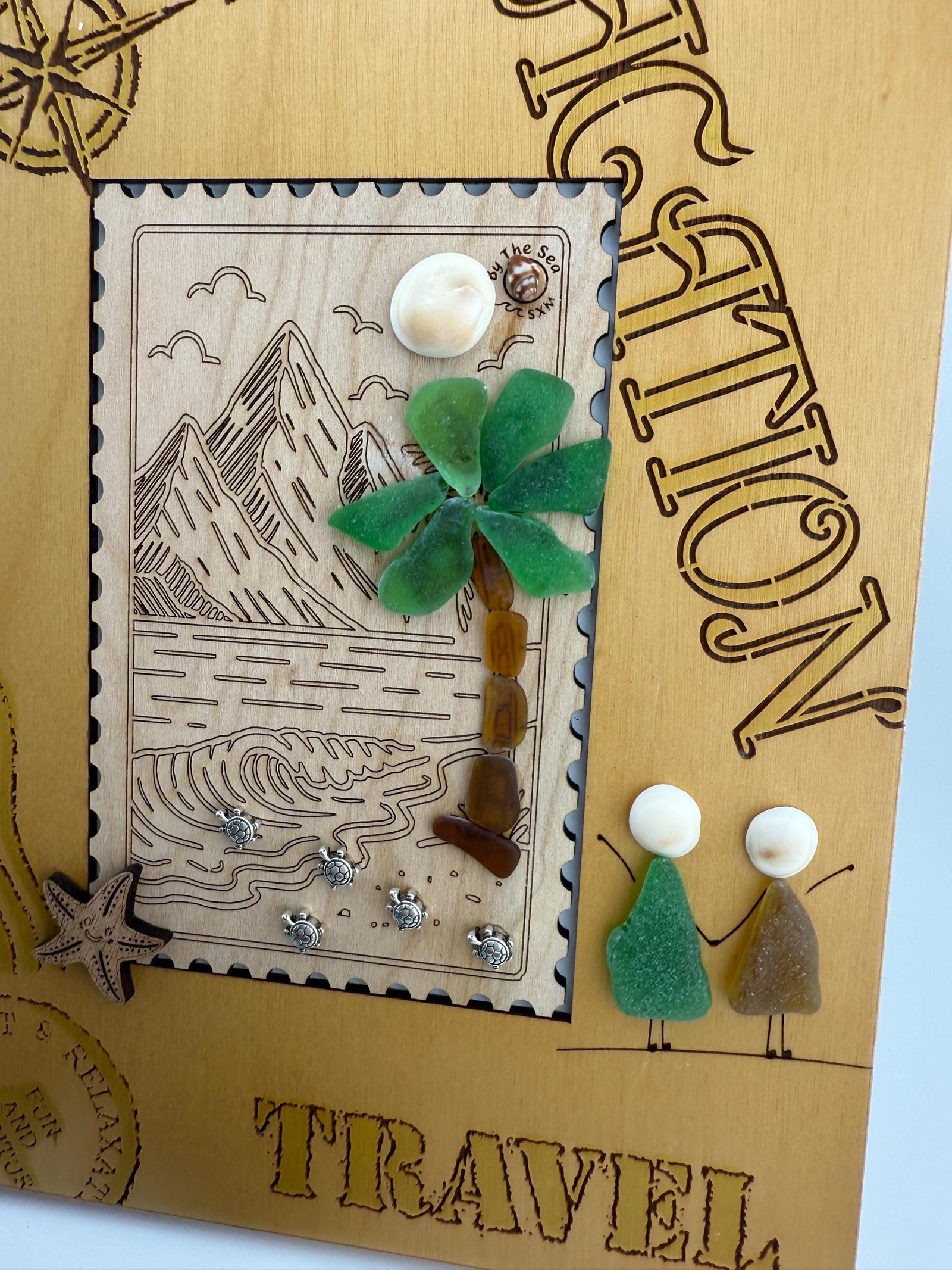 Sea Glass Palm Tree & Turtles Coastal Art - Framed Vintage Travel Scene