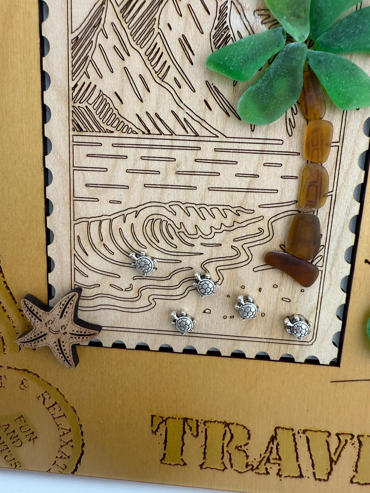 Sea Glass Palm Tree & Turtles Coastal Art - Framed Vintage Travel Scene