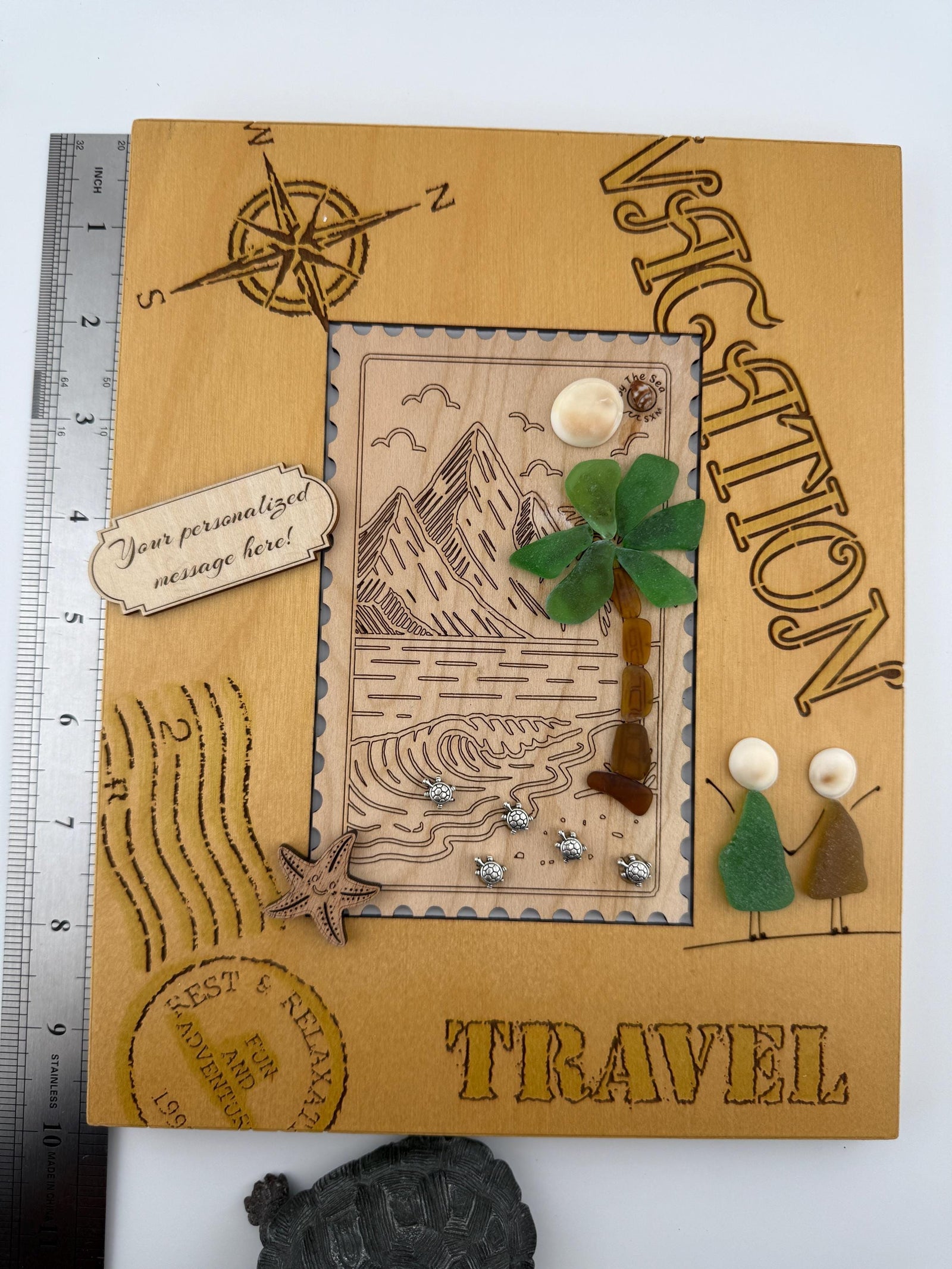 Sea Glass Palm Tree & Turtles Coastal Art - Framed Vintage Travel Scene