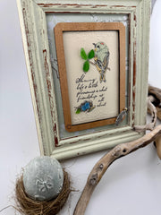 Framed Sea Glass Bird Art: Vintage Friendship Gift with Feather