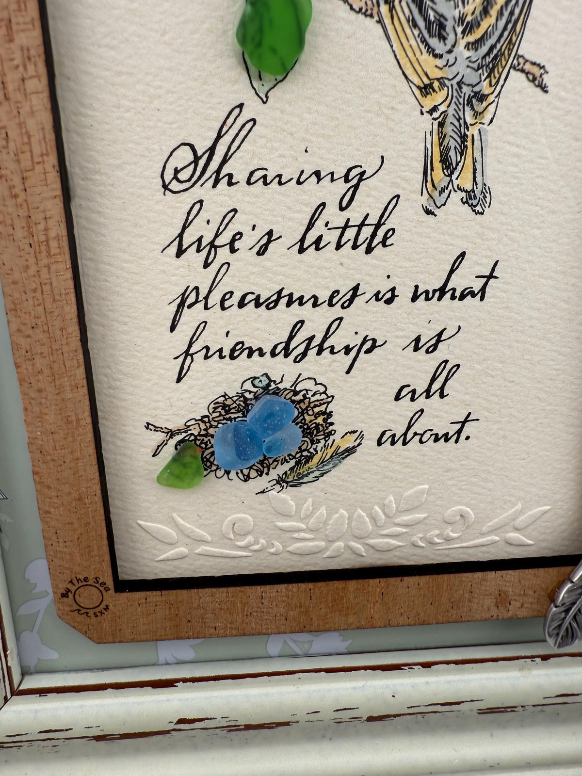 Framed Sea Glass Bird Art: Vintage Friendship Gift with Feather
