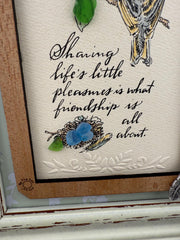 Framed Sea Glass Bird Art: Vintage Friendship Gift with Feather