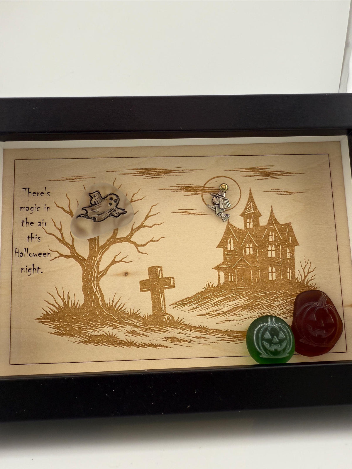 Halloween Haunted House Decor, Sea Glass Ghost Wall Art, Spooky Shadow Box, Coastal Halloween Decor, Handmade Sea Glass Art