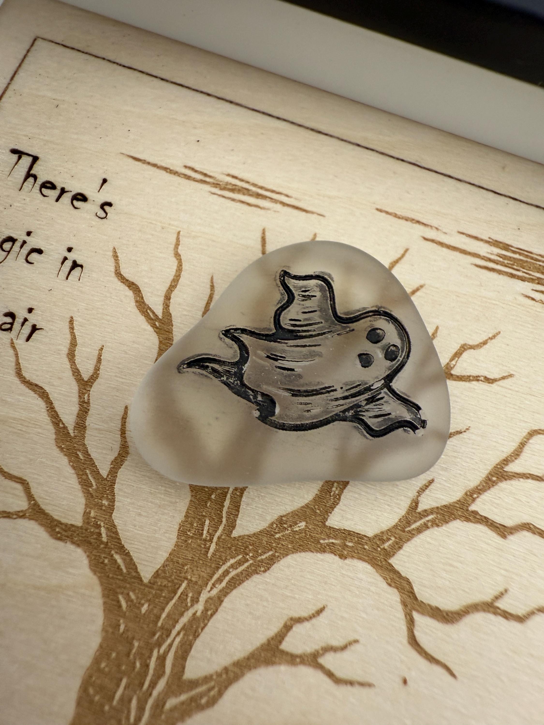 Halloween Haunted House Decor, Sea Glass Ghost Wall Art, Spooky Shadow Box, Coastal Halloween Decor, Handmade Sea Glass Art