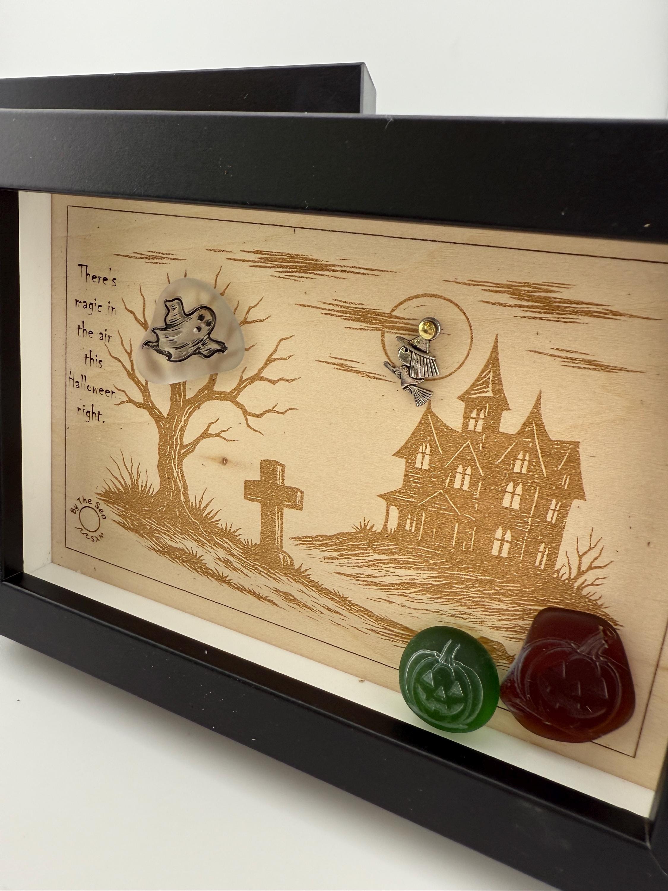 Halloween Haunted House Decor, Sea Glass Ghost Wall Art, Spooky Shadow Box, Coastal Halloween Decor, Handmade Sea Glass Art