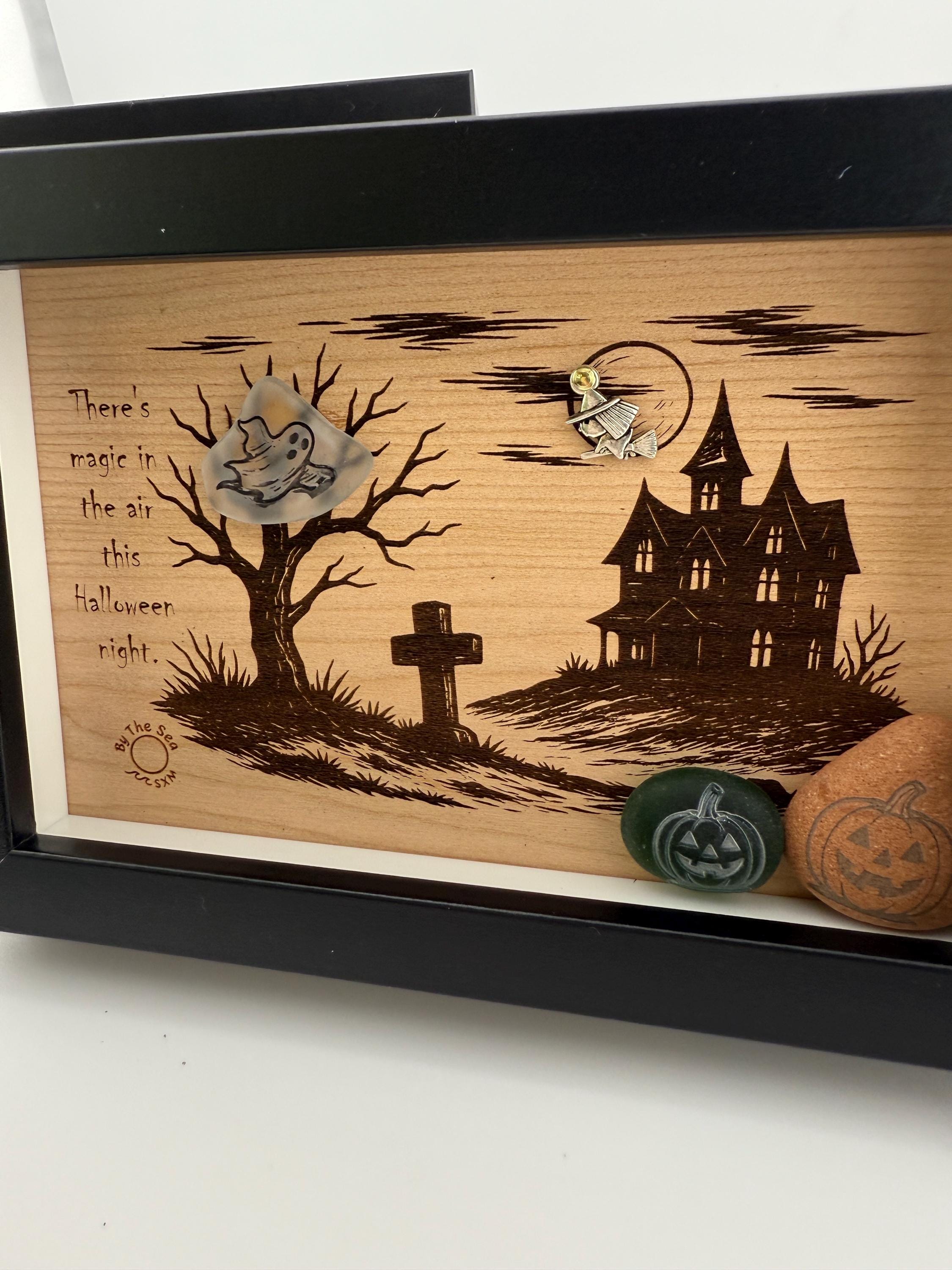Halloween Haunted House Decor, Sea Glass Ghost Wall Art, Spooky Shadow Box, Coastal Halloween Decor, Handmade Sea Glass Art