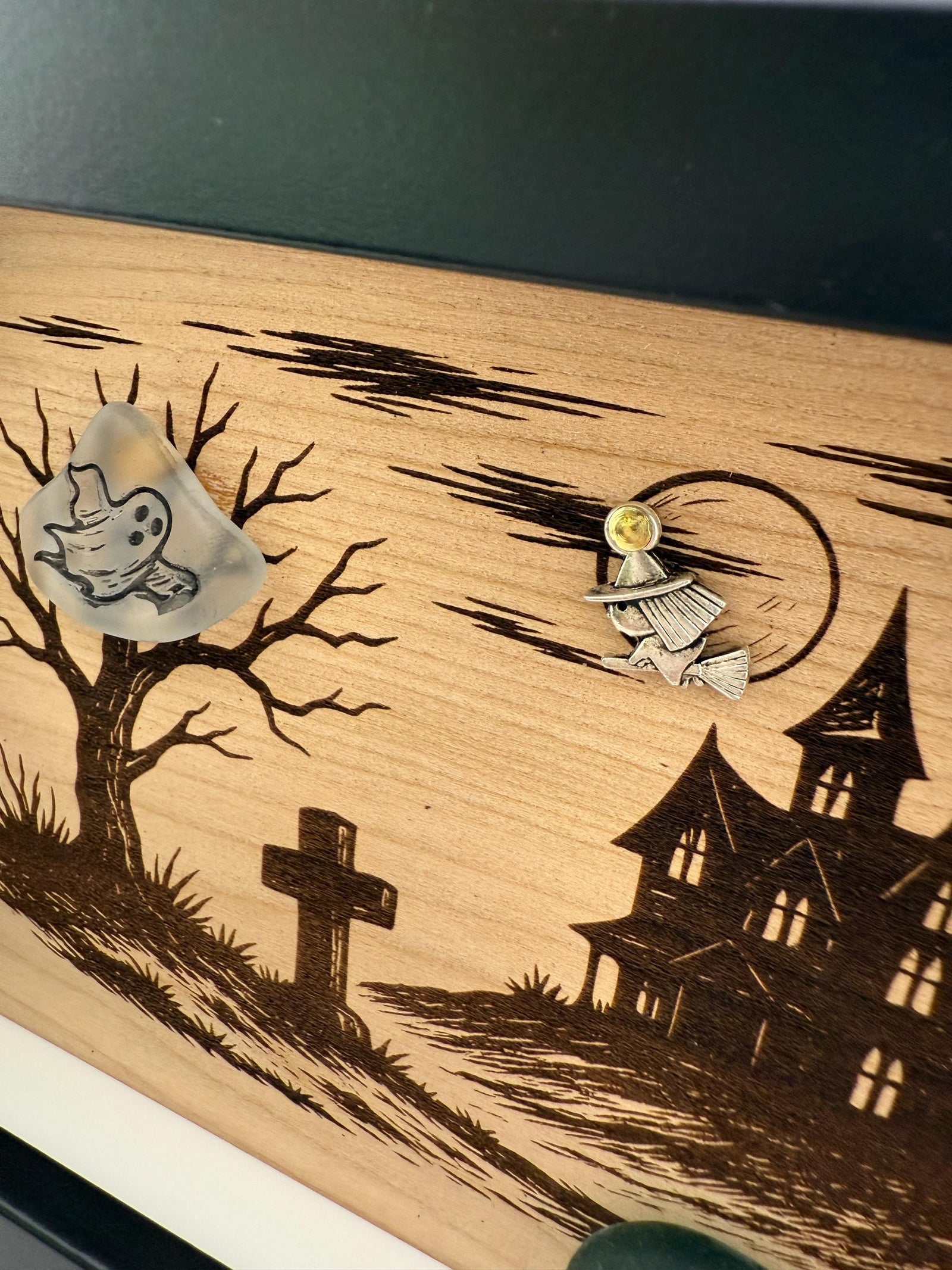 Halloween Haunted House Decor, Sea Glass Ghost Wall Art, Spooky Shadow Box, Coastal Halloween Decor, Handmade Sea Glass Art