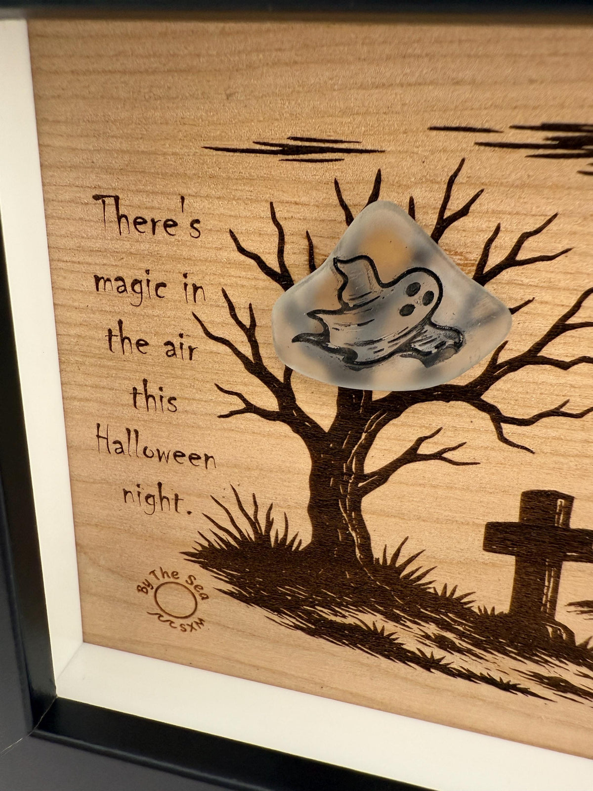 Halloween Haunted House Decor, Sea Glass Ghost Wall Art, Spooky Shadow Box, Coastal Halloween Decor, Handmade Sea Glass Art