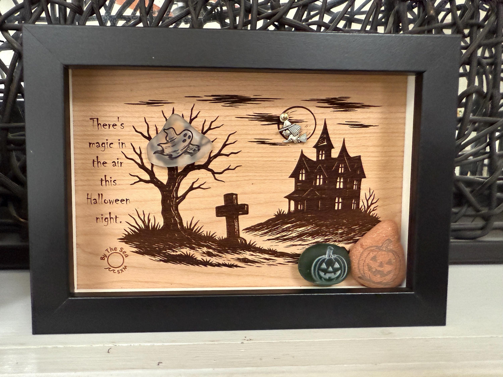 Halloween Haunted House Decor, Sea Glass Ghost Wall Art, Spooky Shadow Box, Coastal Halloween Decor, Handmade Sea Glass Art