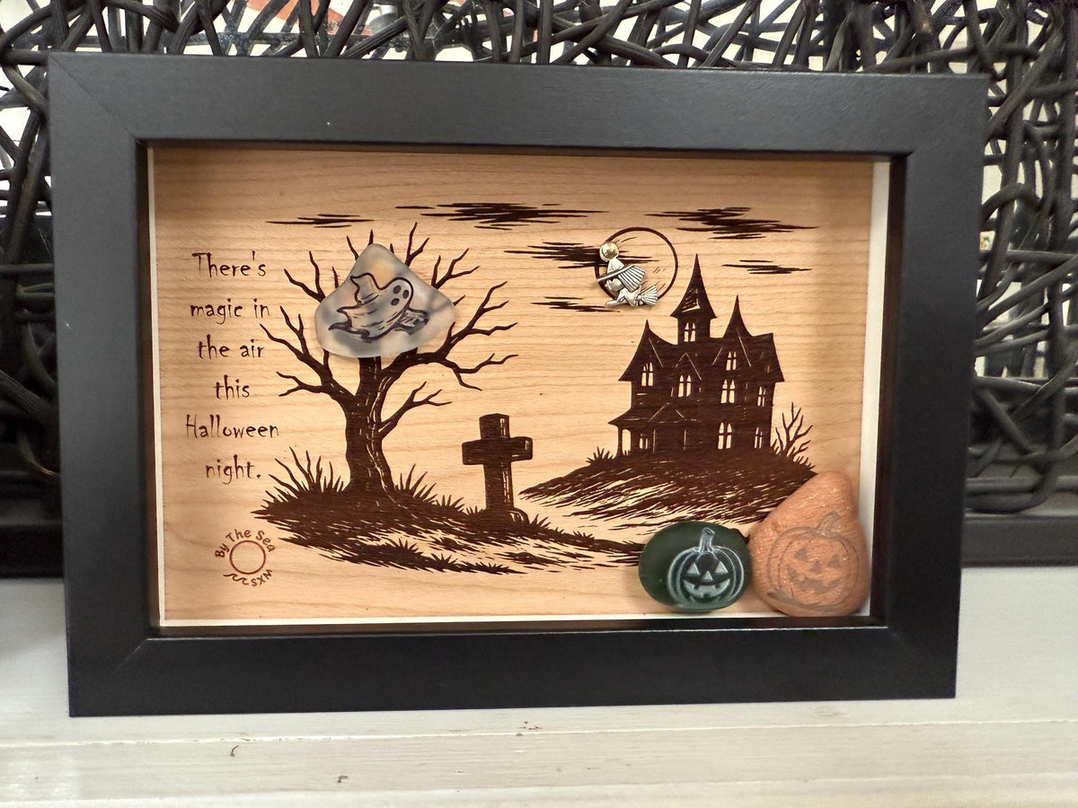 Halloween Haunted House Decor, Sea Glass Ghost Wall Art, Spooky Shadow Box, Coastal Halloween Decor, Handmade Sea Glass Art