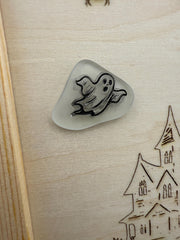 Halloween Haunted House Decor, Sea Glass Ghost Art, Spooky Tabletop Decor, Coastal Halloween, Handmade Sea Glass Pumpkin Art
