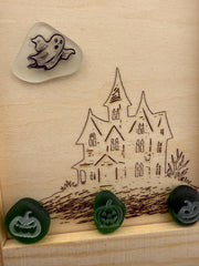 Halloween Haunted House Decor, Sea Glass Ghost Art, Spooky Tabletop Decor, Coastal Halloween, Handmade Sea Glass Pumpkin Art