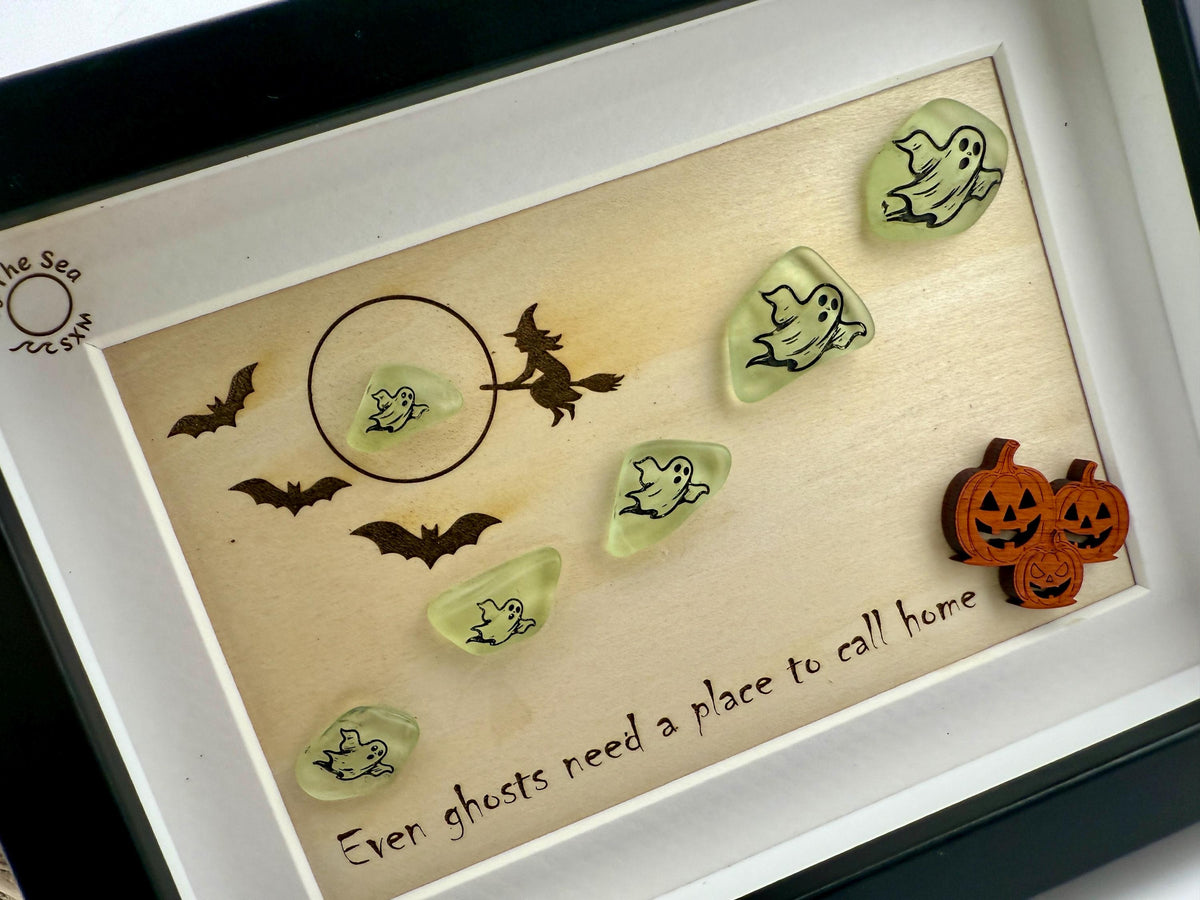 Halloween Sea Glass Ghost Decor, Glow in the Dark Ghost Shadow Box, Spooky Coastal Halloween Decor, Sea Glass Art