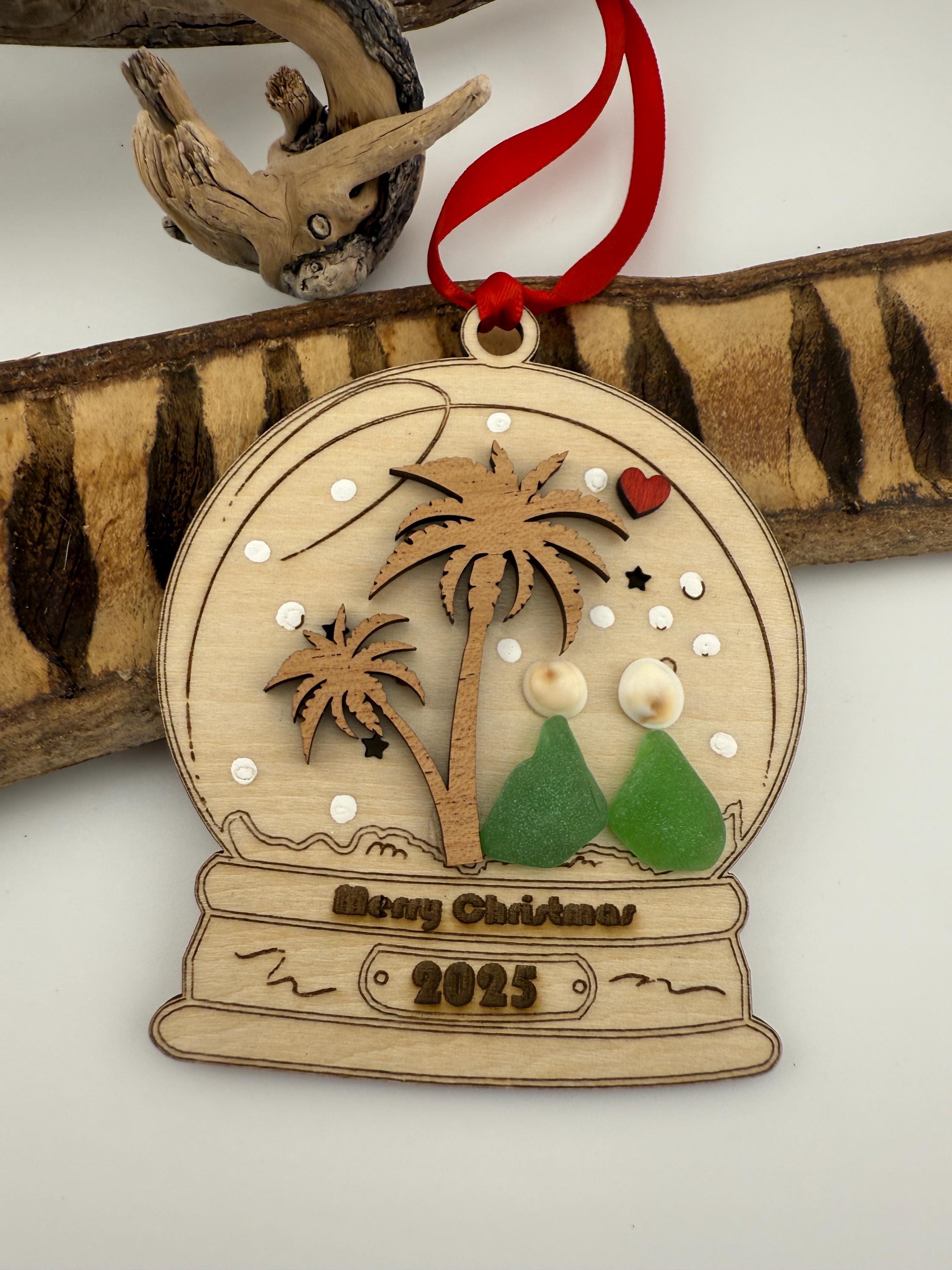 Sea Glass Christmas Ornament 2026 – Handmade Wood Snow Globe, Personalized