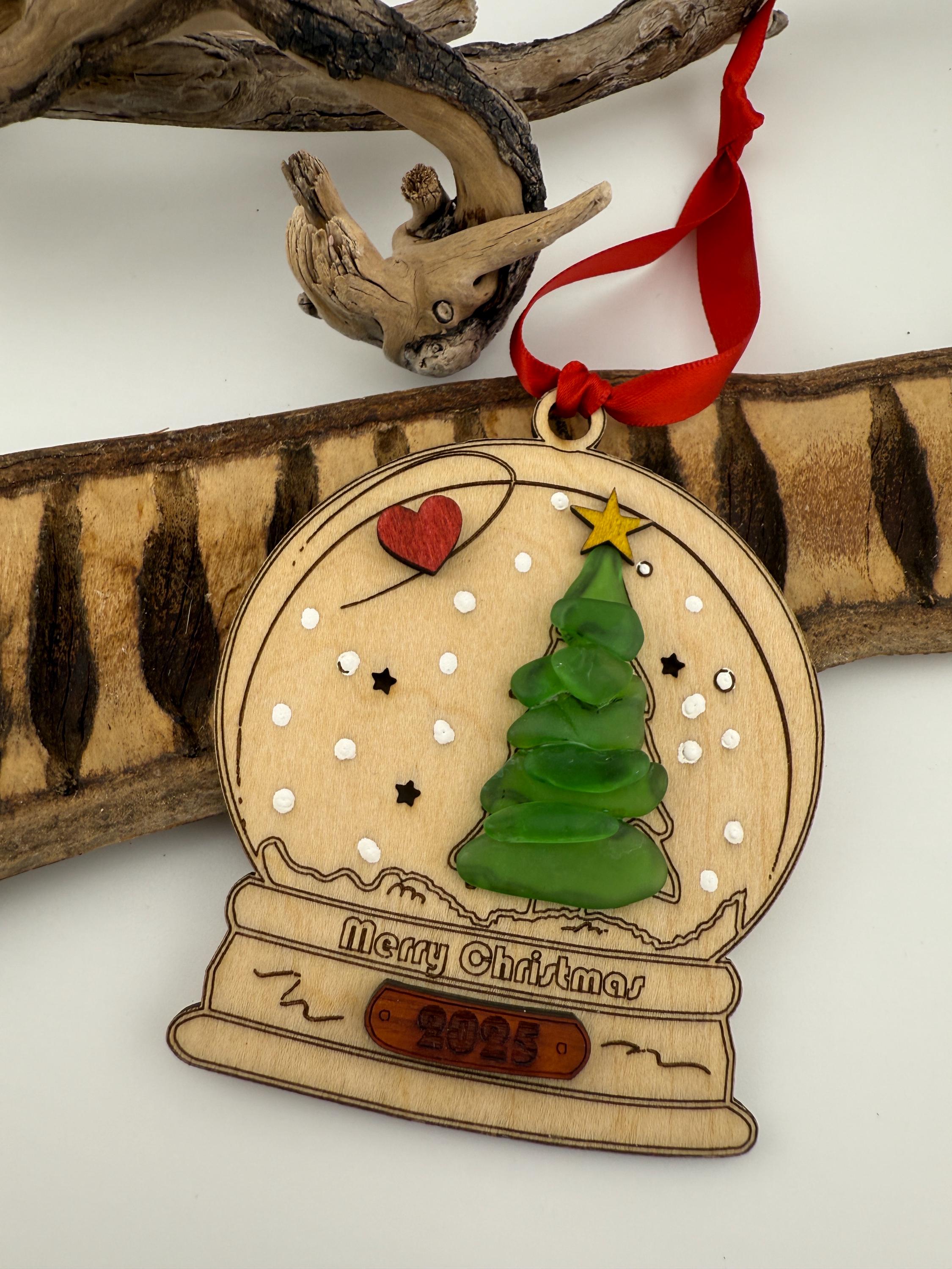 Sea Glass Christmas Ornament 2026 – Handmade Wood Snow Globe, Personalized