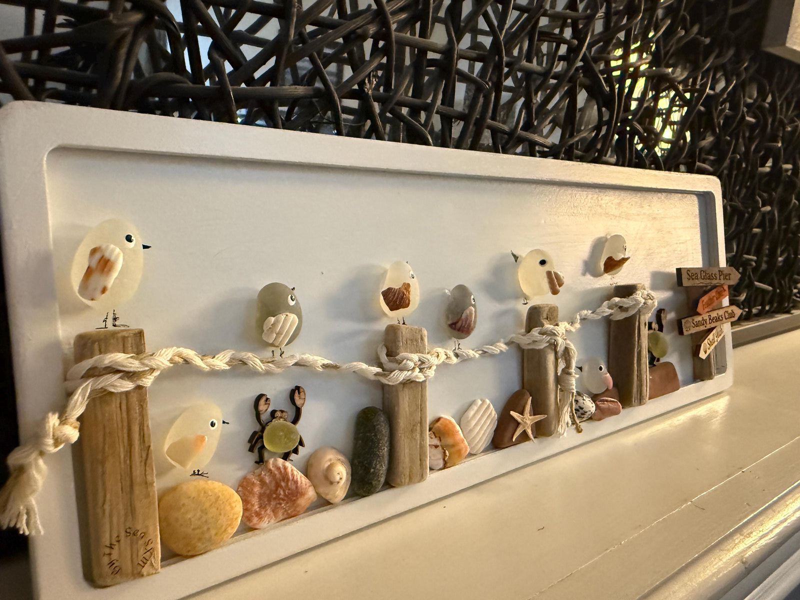 Sea Glass Shorebirds on Driftwood Pier, Handmade Coastal Beach Art, Nautical Wall Decor, NOW Available in 5” x 8” or 5” x 14”