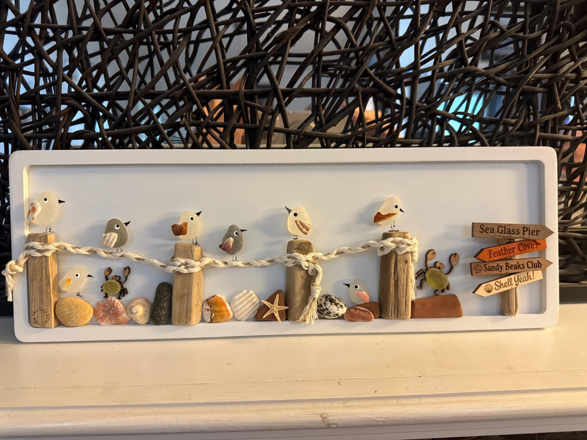 Sea Glass Shorebirds on Driftwood Pier, Handmade Coastal Beach Art, Nautical Wall Decor, NOW Available in 5” x 8” or 5” x 14”