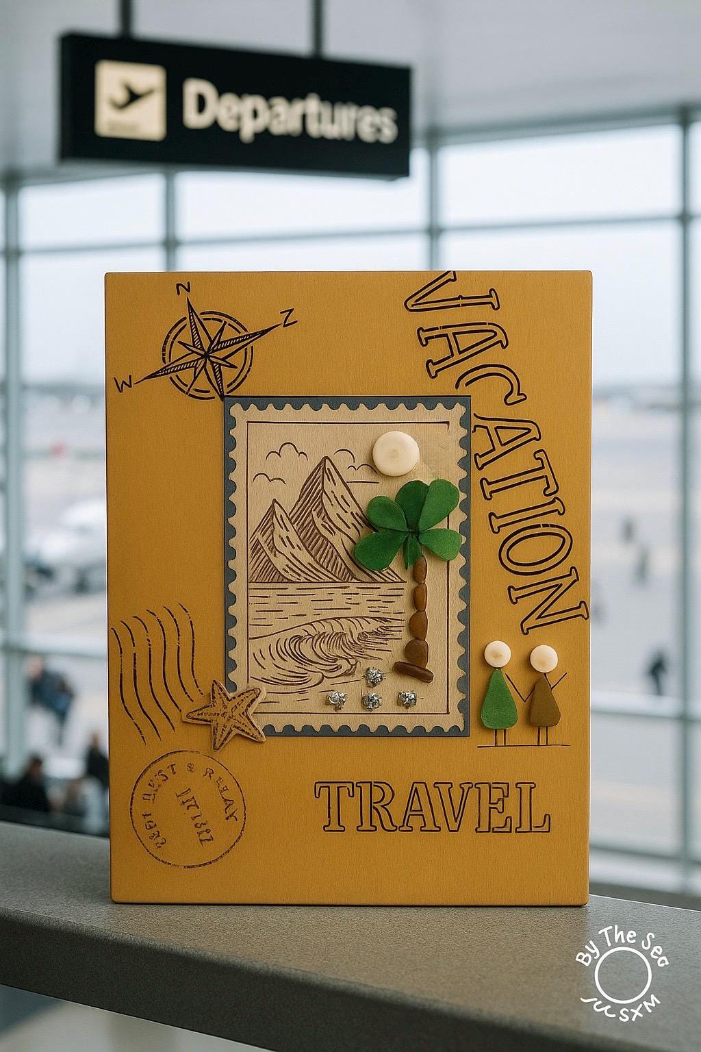 Sea Glass Palm Tree & Turtles Coastal Art - Framed Vintage Travel Scene