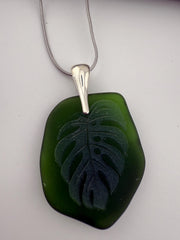 Laser-Engraved Monstera Leaf Sea Glass Pendant: Silver Necklace
