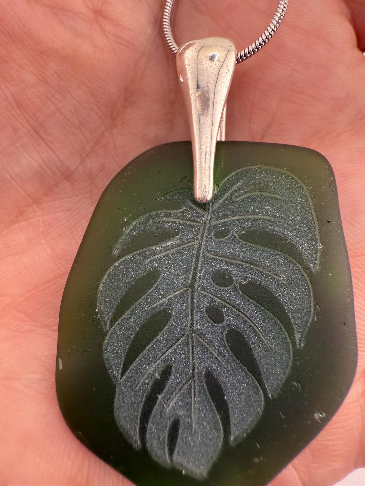 Laser-Engraved Monstera Leaf Sea Glass Pendant: Silver Necklace