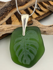 Laser-Engraved Monstera Leaf Sea Glass Pendant: Silver Necklace
