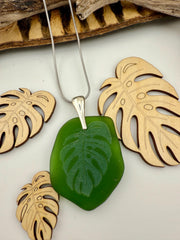 Laser-Engraved Monstera Leaf Sea Glass Pendant: Silver Necklace