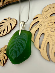 Laser-Engraved Monstera Leaf Sea Glass Pendant: Silver Necklace