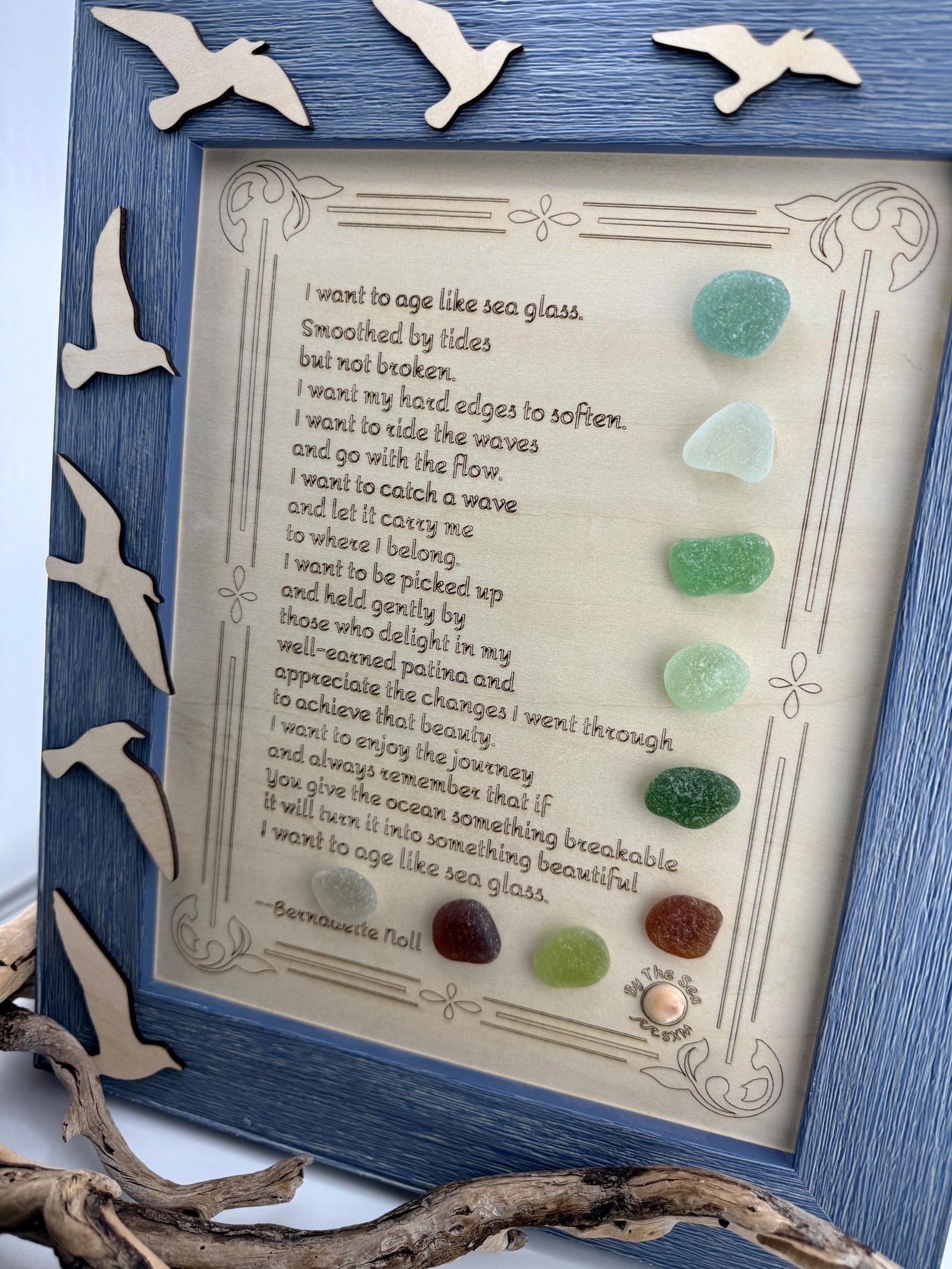 I Want to Age Like Sea Glass Poem | Framed Sea Glass Coastal Art | Inspirational Birthday Gift for Mom, Friend, Sister, Beach