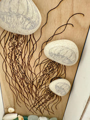 Rustic Shadow Box Jellyfish Art: Sea Glass, Shells & Poetic Quote