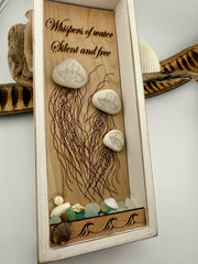 Rustic Shadow Box Jellyfish Art: Sea Glass, Shells & Poetic Quote