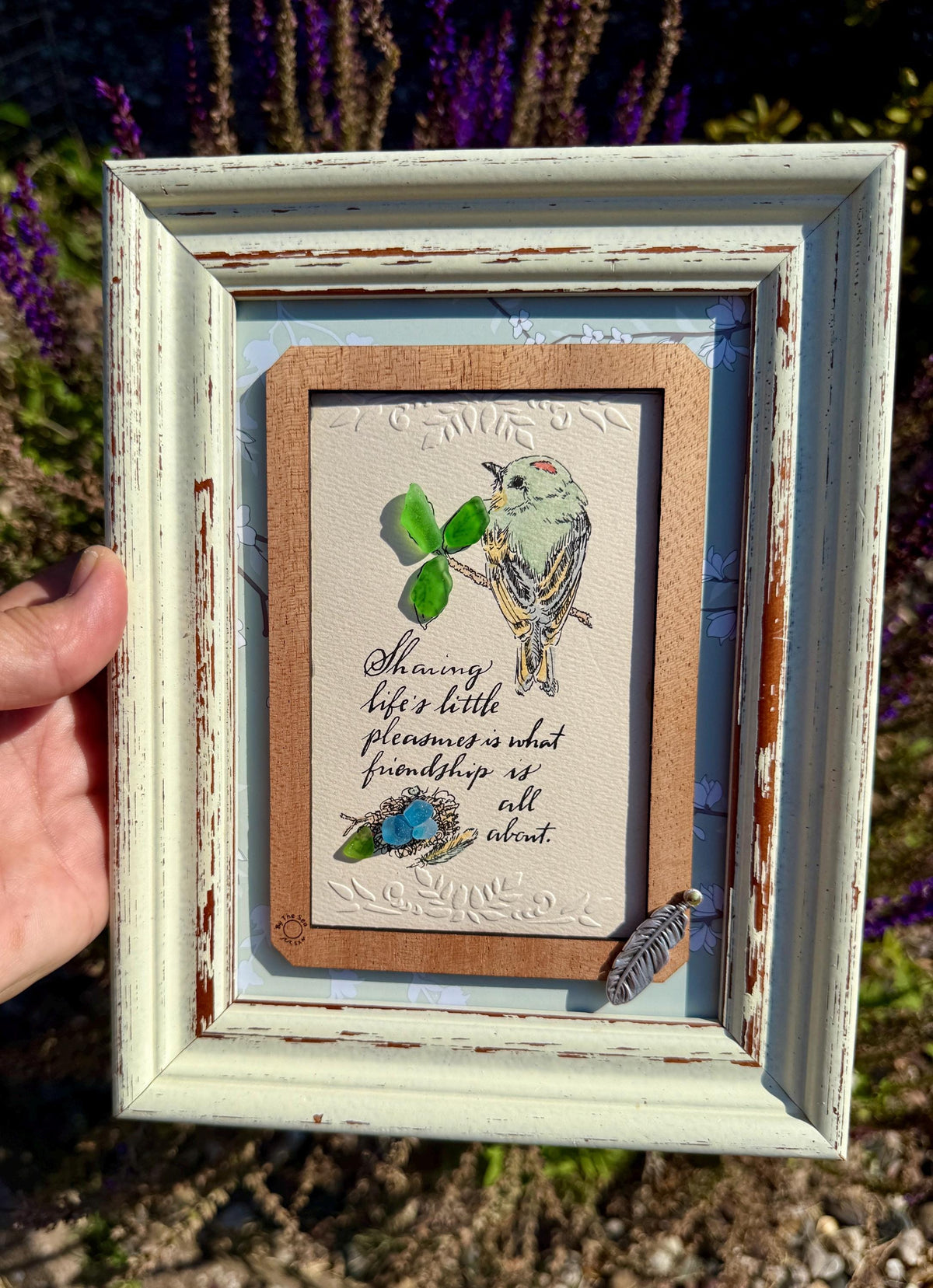 Framed Sea Glass Bird Art: Vintage Friendship Gift with Feather