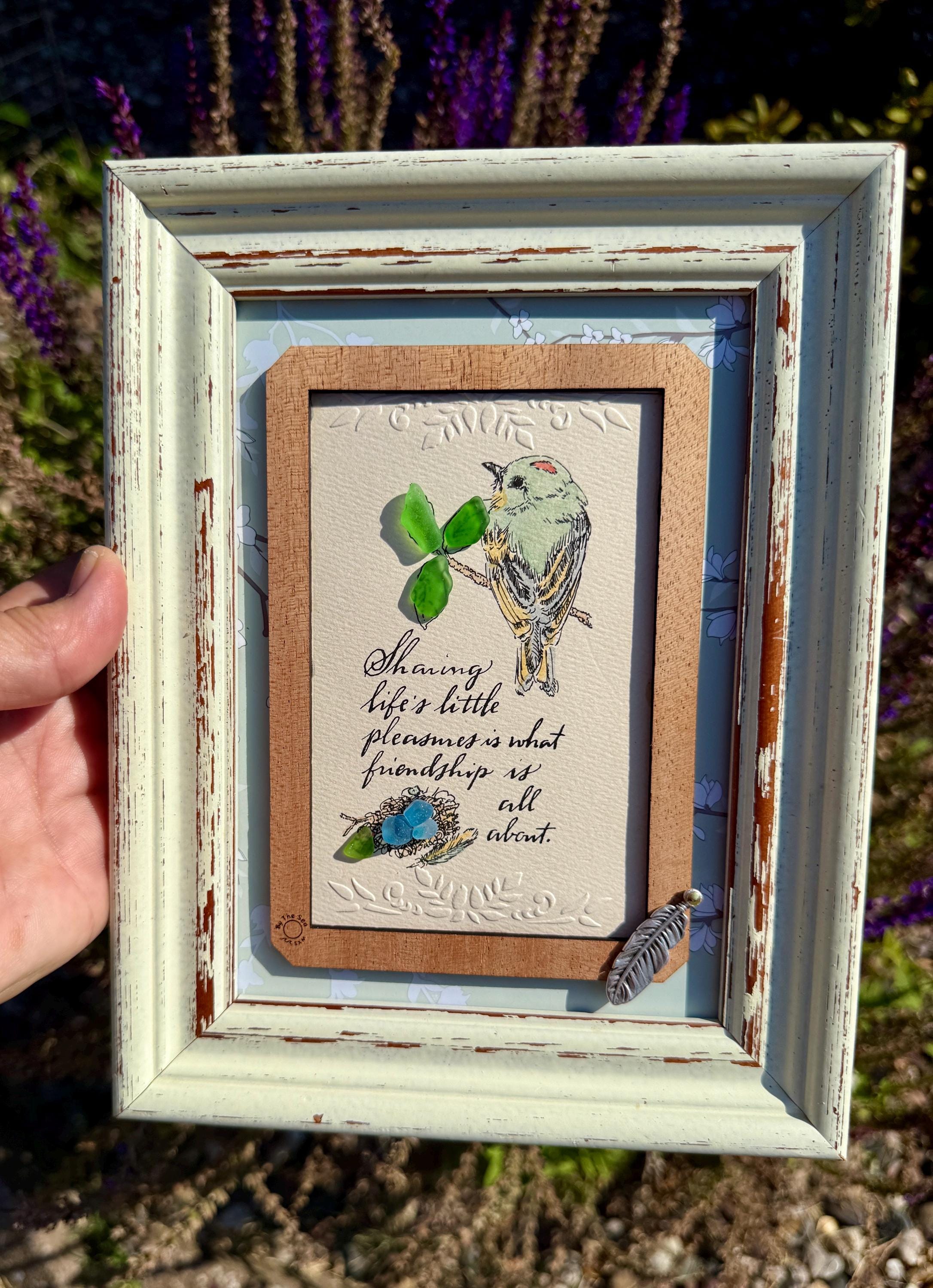 Framed Sea Glass Bird Art: Vintage Friendship Gift with Feather