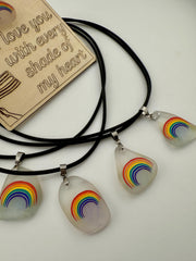 Rainbow Sea Glass Pendant: LGBTQ+ Pride Jewelry, Engraved Quote Plaque