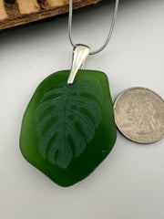 Laser-Engraved Monstera Leaf Sea Glass Pendant: Silver Necklace