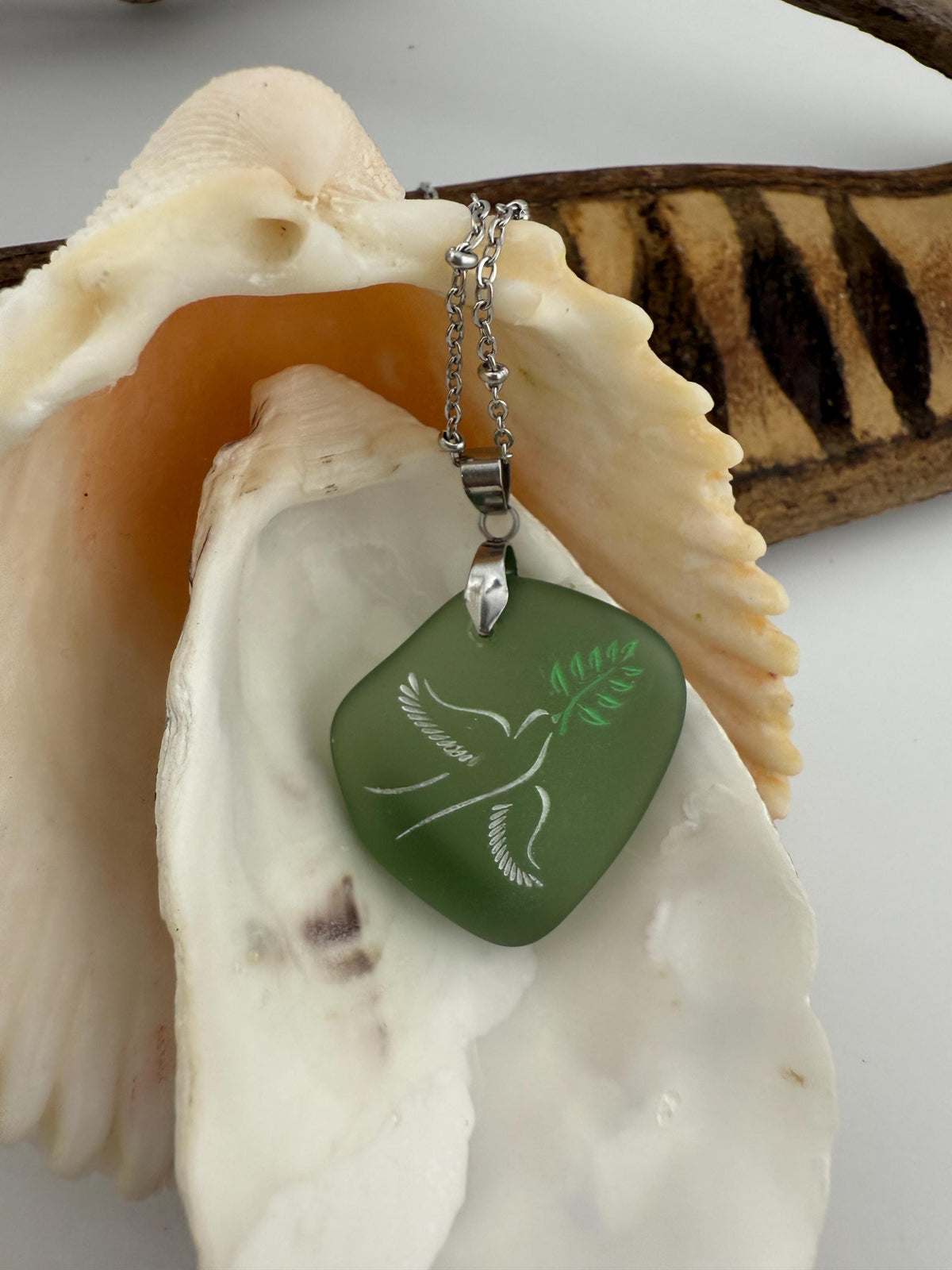 Engraved Sea Glass Pendant: Dove as Peace Symbol, Ocean Charms