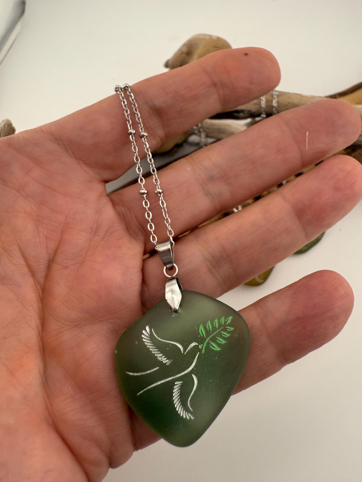 Engraved Sea Glass Pendant: Dove as Peace Symbol, Ocean Charms