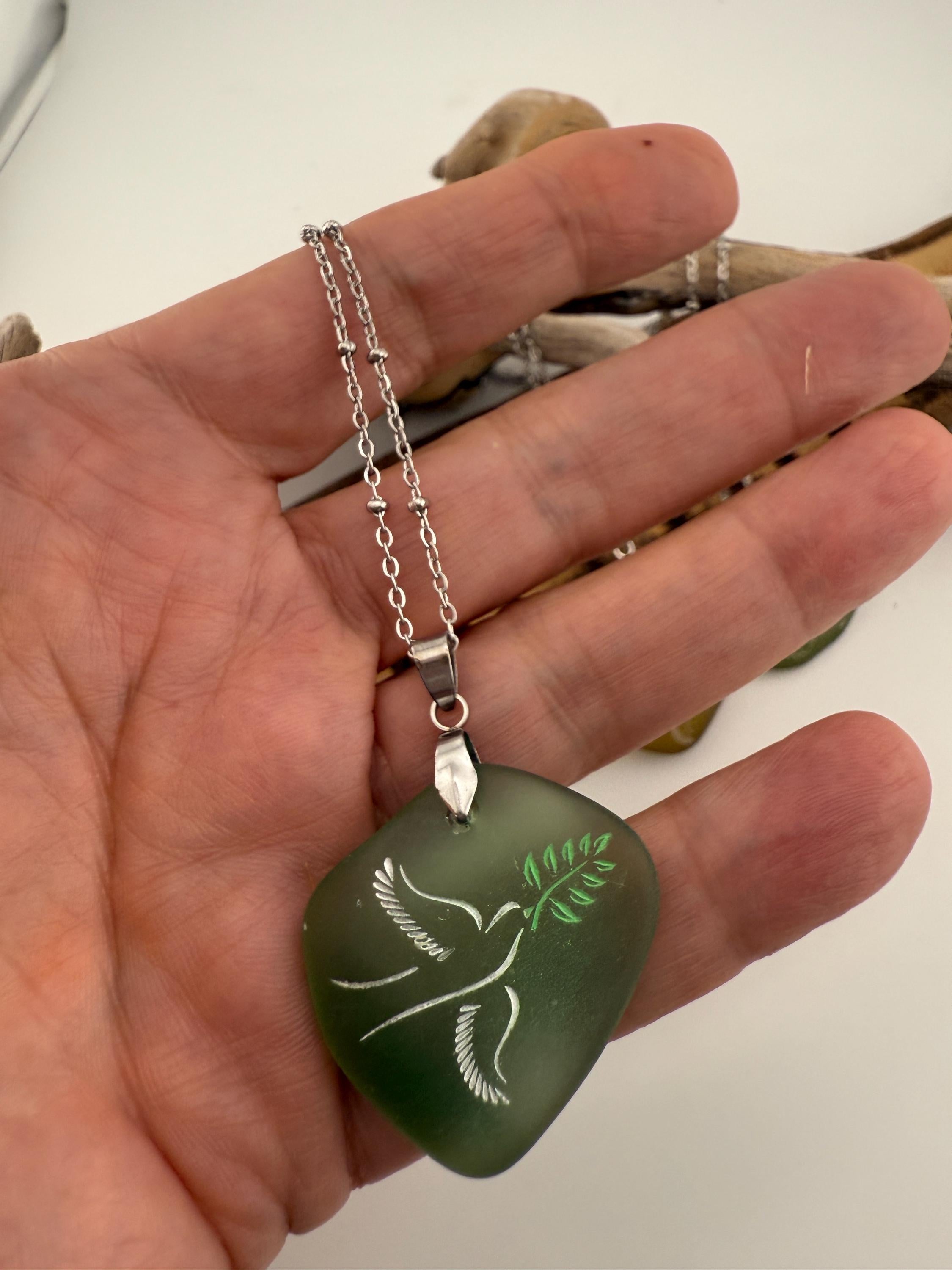 Engraved Sea Glass Pendant: Dove as Peace Symbol, Ocean Charms