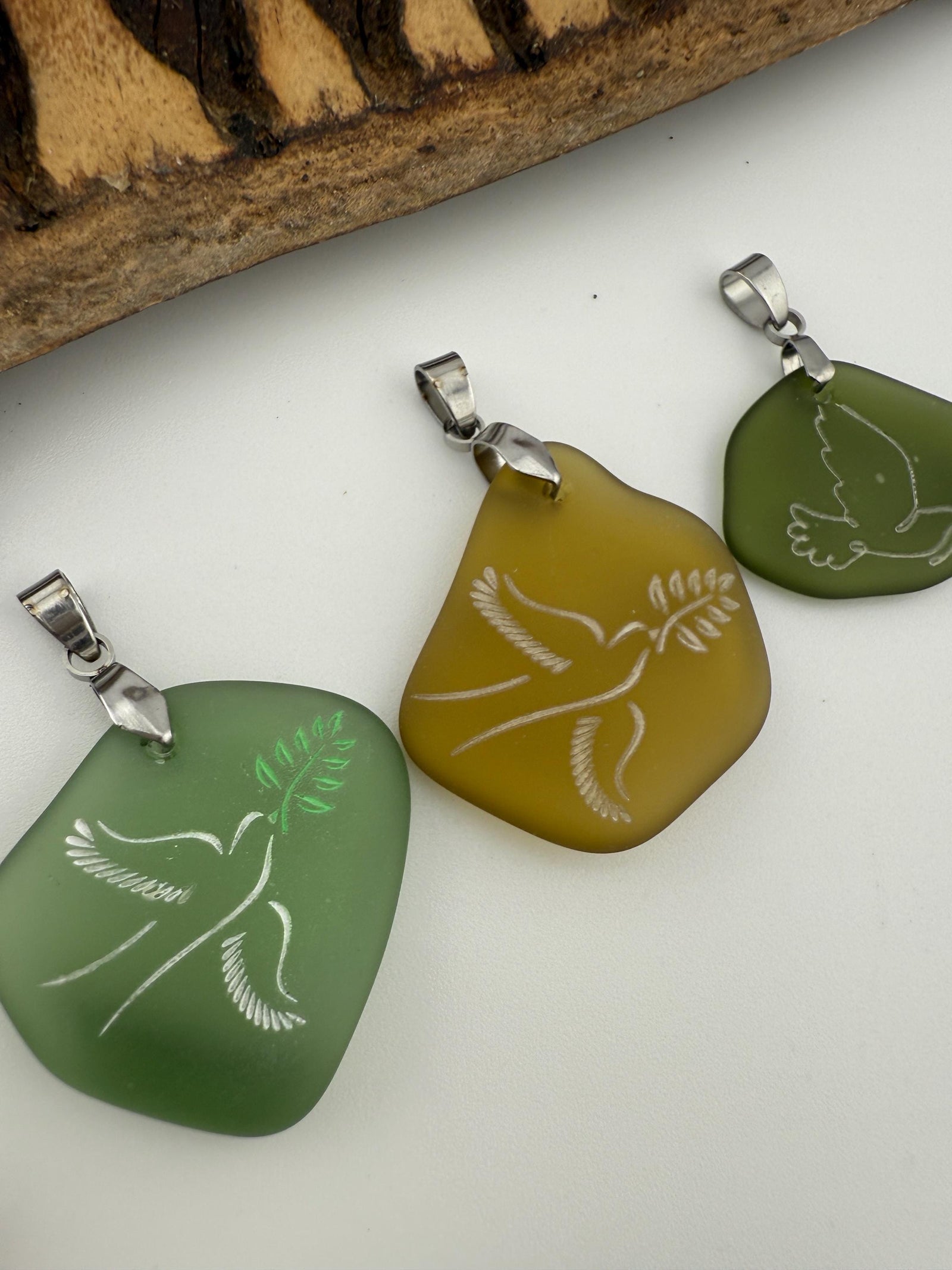 Engraved Sea Glass Pendant: Dove as Peace Symbol, Ocean Charms