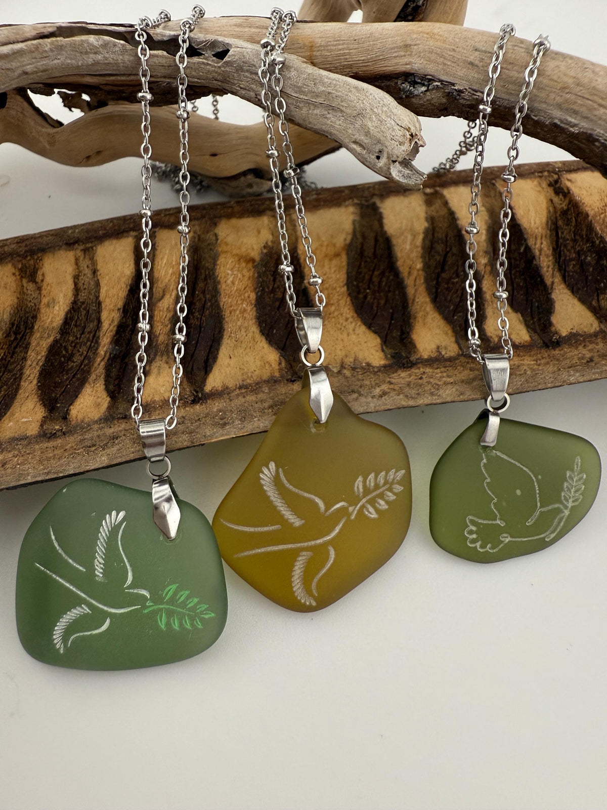 Engraved Sea Glass Pendant: Dove as Peace Symbol, Ocean Charms