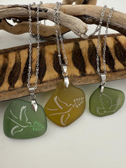 Engraved Sea Glass Pendant: Dove as Peace Symbol, Ocean Charms
