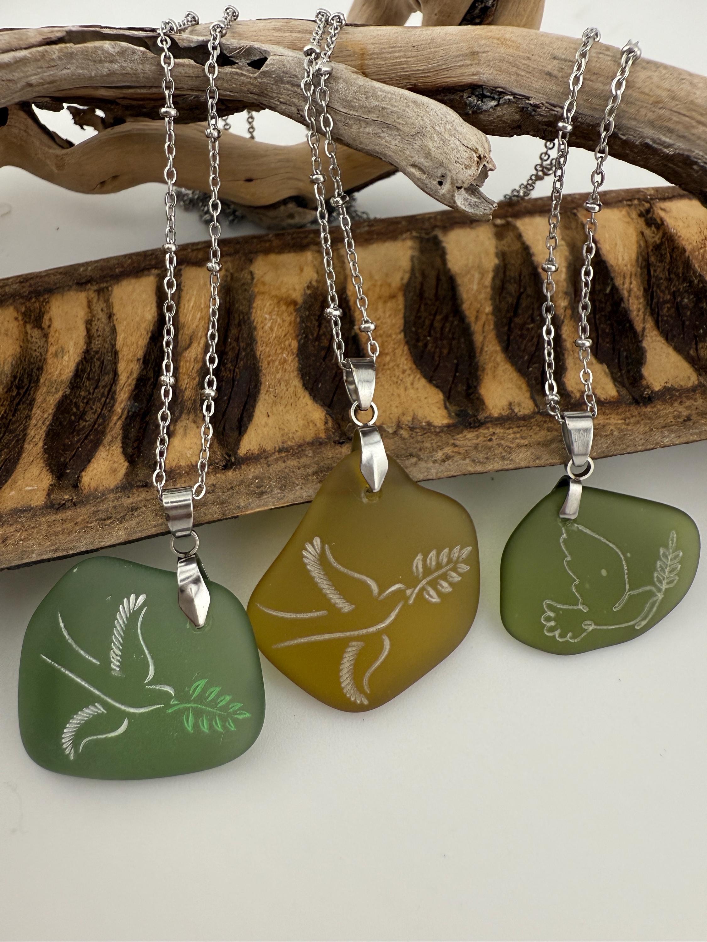 Engraved Sea Glass Pendant: Dove as Peace Symbol, Ocean Charms