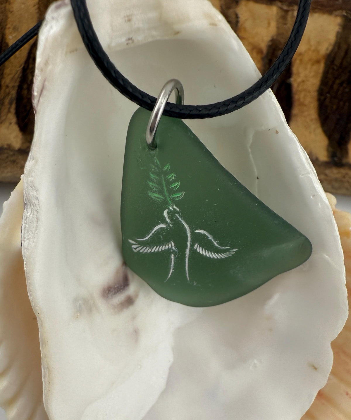 Engraved Sea Glass Pendant: Dove as Peace Symbol, Ocean Charms