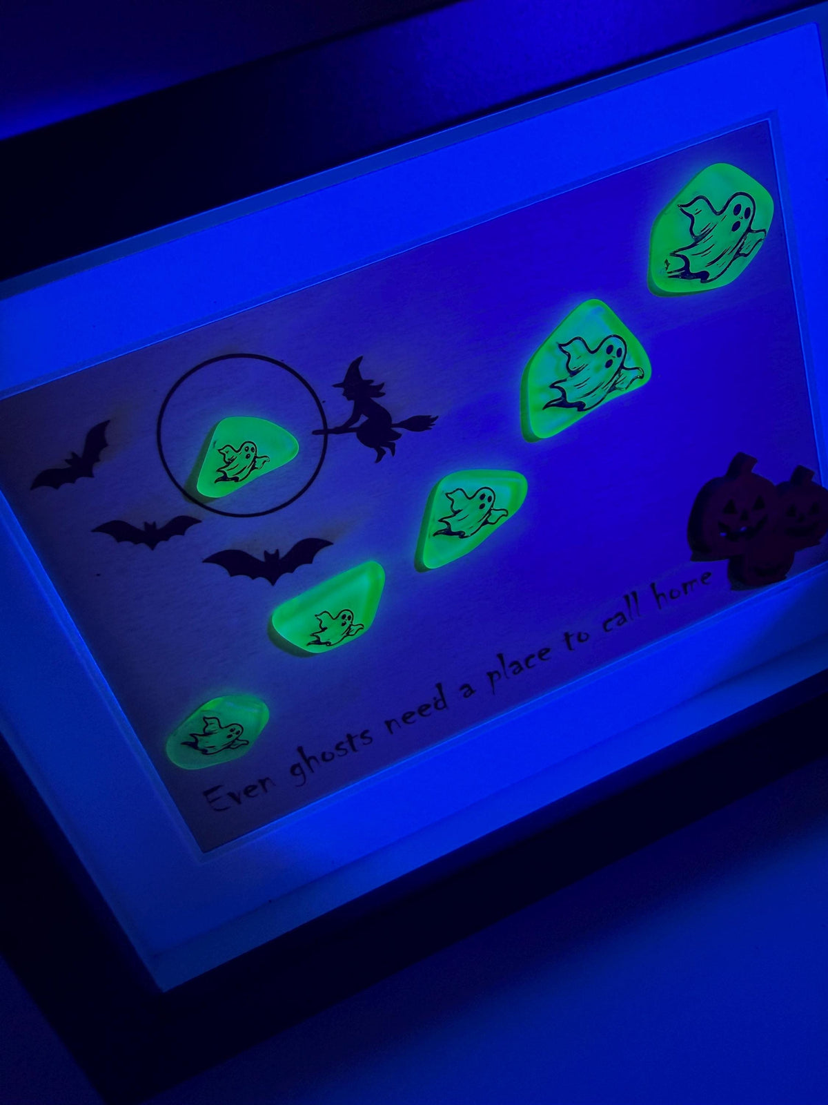 Halloween Sea Glass Ghost Decor, Glow in the Dark Ghost Shadow Box, Spooky Coastal Halloween Decor, Sea Glass Art
