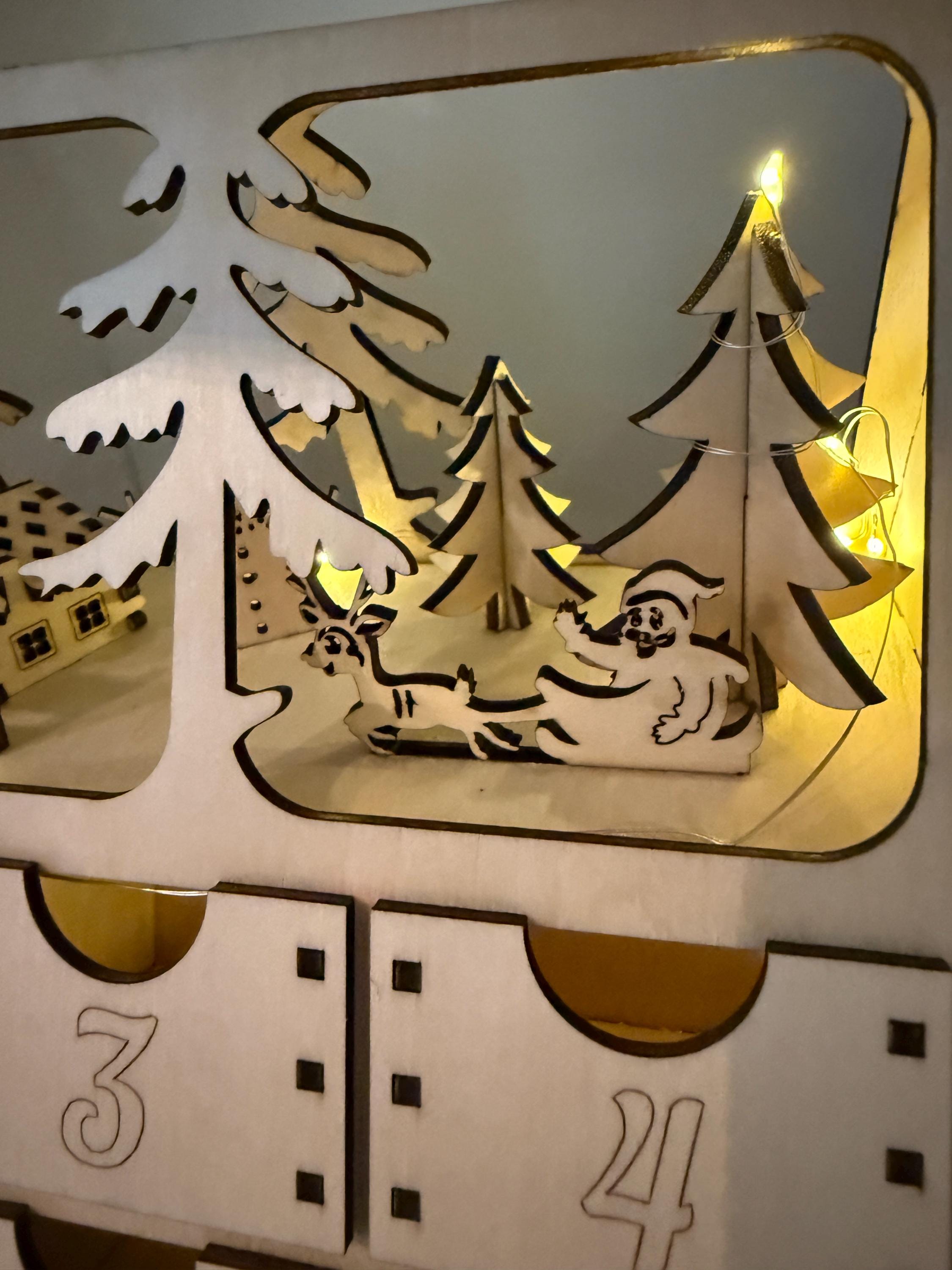 Unique Lighted Wooden Advent Calendar – Rustic Christmas Countdown Decoration, Holiday Family Tradition Limited Edition