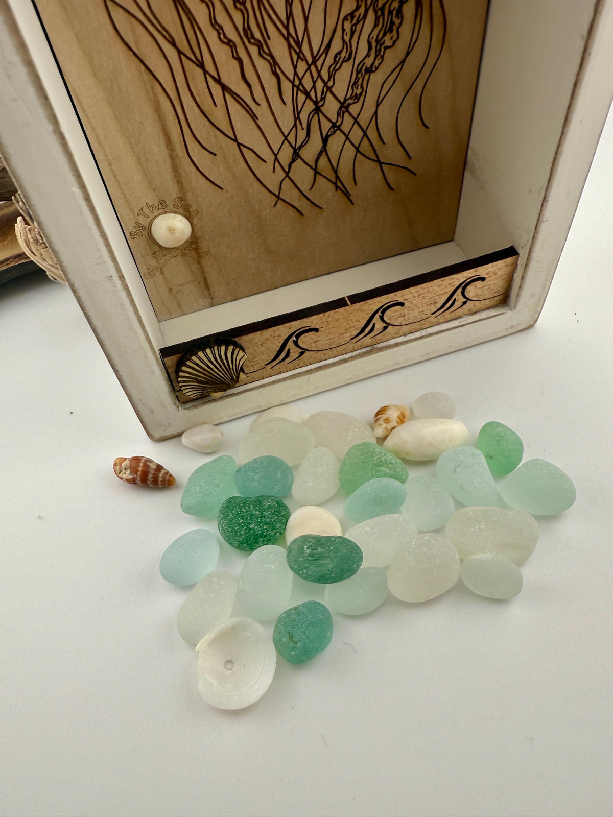 Rustic Shadow Box Jellyfish Art: Sea Glass, Shells & Poetic Quote