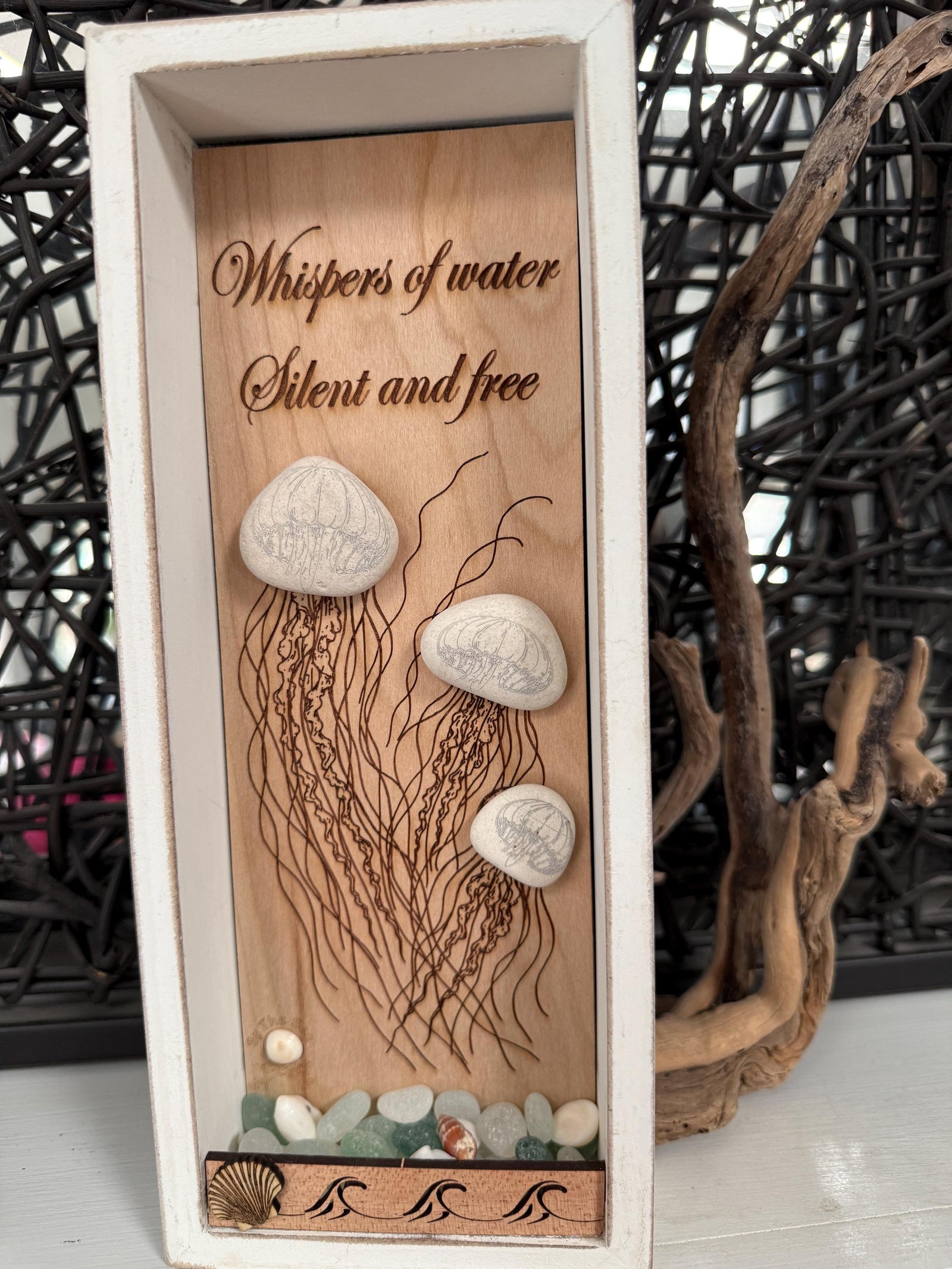Rustic Shadow Box Jellyfish Art: Sea Glass, Shells & Poetic Quote