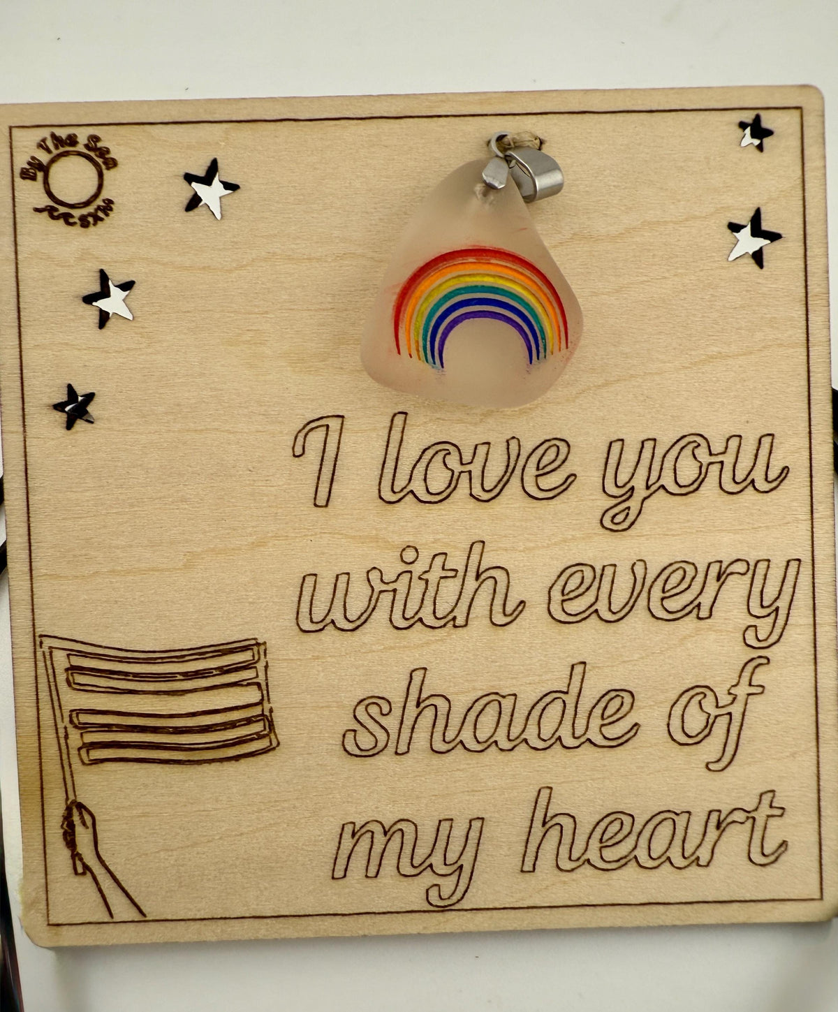 Rainbow Sea Glass Pendant: LGBTQ+ Pride Jewelry, Engraved Quote Plaque