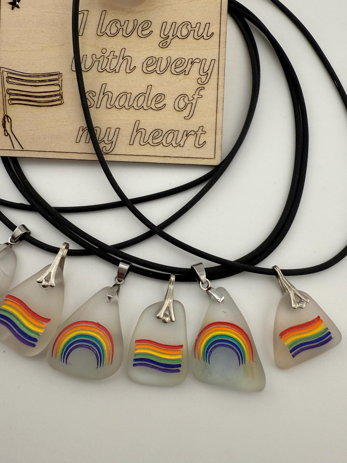 Rainbow Sea Glass Pendant: LGBTQ+ Pride Jewelry, Engraved Quote Plaque