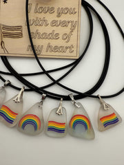 Rainbow Sea Glass Pendant: LGBTQ+ Pride Jewelry, Engraved Quote Plaque