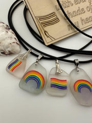 Rainbow Sea Glass Pendant: LGBTQ+ Pride Jewelry, Engraved Quote Plaque